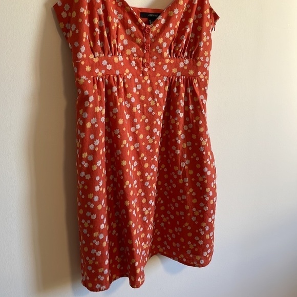F21 Ditsy Floral Baby Doll Linen Medium Orange Yellow Retro Tank Shift Button - Picture 3 of 13